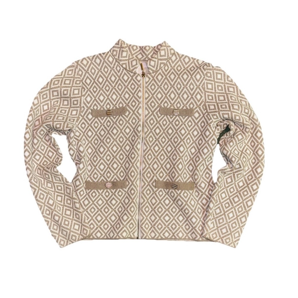 Halston Elegant Beige Geometric Zip Jacket Size M Excellent